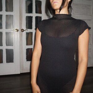 Vintage 00's Sheer Mock Neck Short Sleeve Black Midi Dress